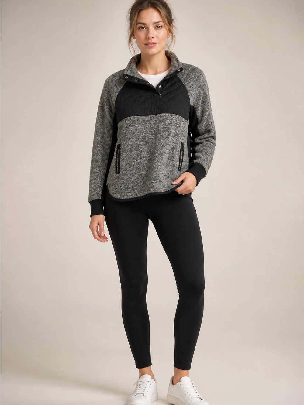 Abercrombie & Fitch Fleece Cozy Quilted-Accent Gray Pullover Sweater Women's M
